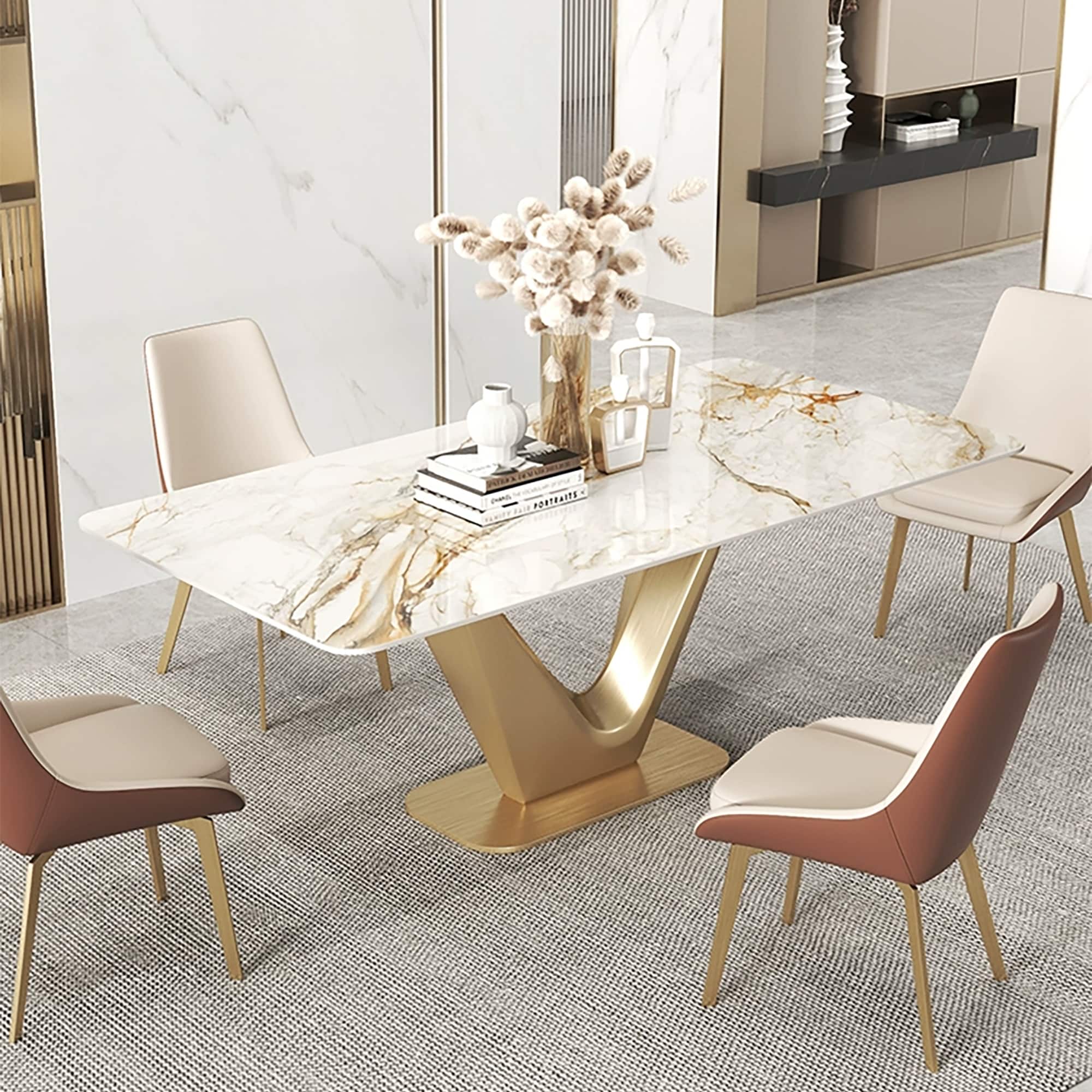 71'' Modern Rectangular Dining Table for 6, White Glossy Sintered Stone top with Gold Stainless Steel Legs