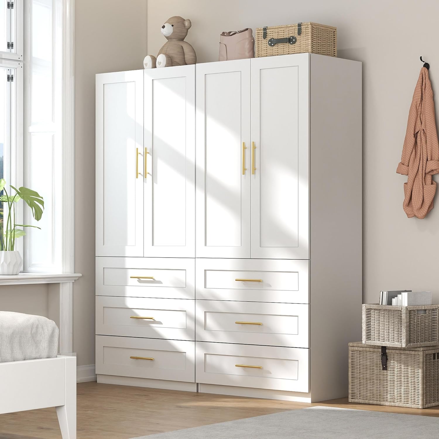 White Wardrobe with 4 Doors: 75 Tall Armoire Wardrobe Closet with 6 Drawers, Bedroom Closet Cabinet for Hanging Clothes, Wooden Storage Armoire with Shelves (Modern, 2)