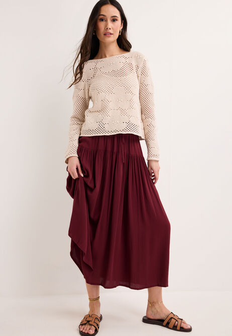 Womens Burgundy Textured Drop Waist Skirt