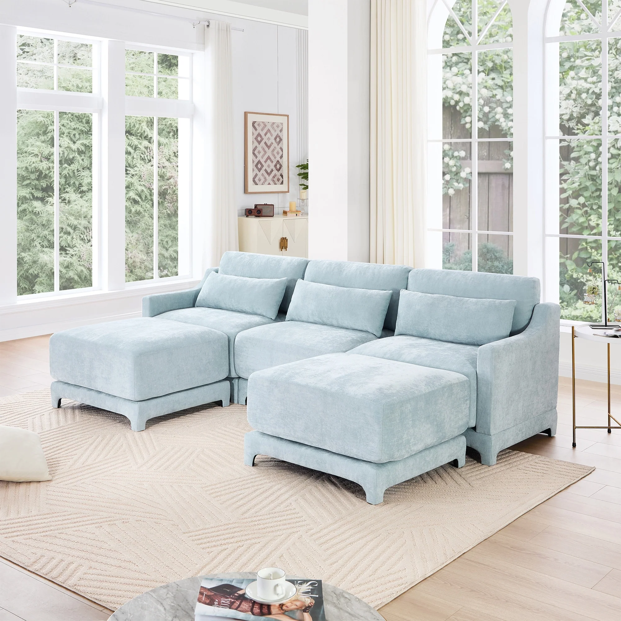 GDFStudio- Isolde Chenille Three-Seater Sofa with 2 Ottoman