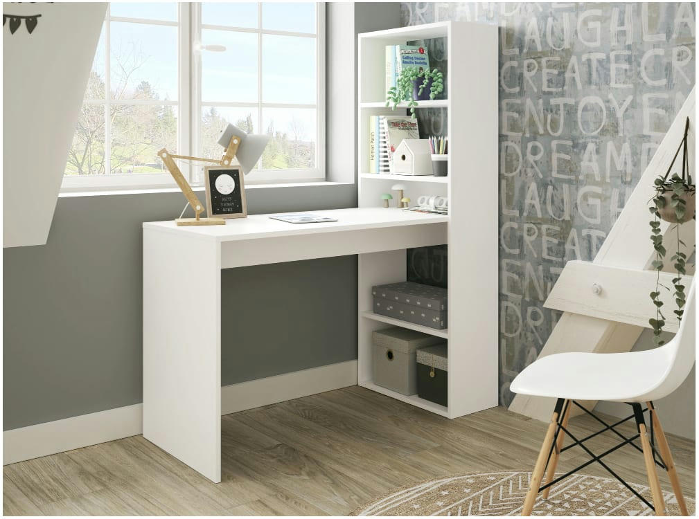 ADELE - Bureau blanc avec étagère de rangement réversible L120cmxP53cmxH144cm