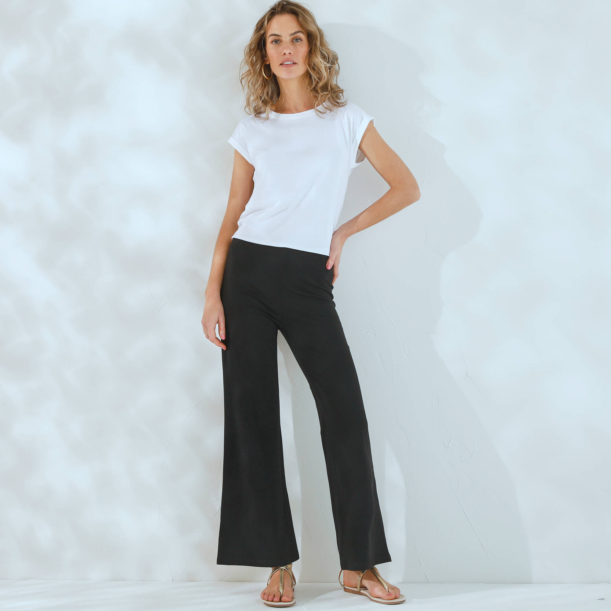Pantalon large stretch, taille élastiquée