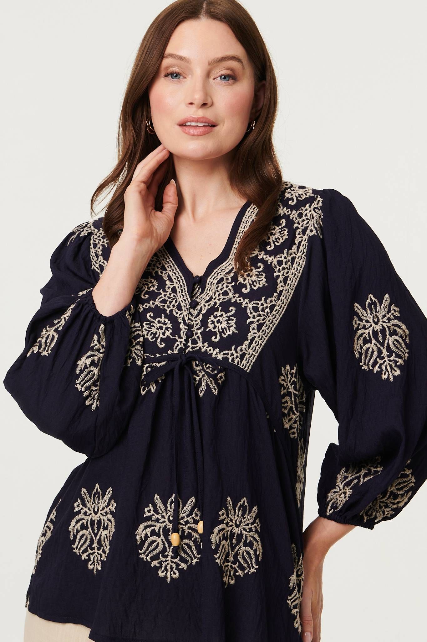 Izabel London Border Print Tie Front Relaxed Blouse