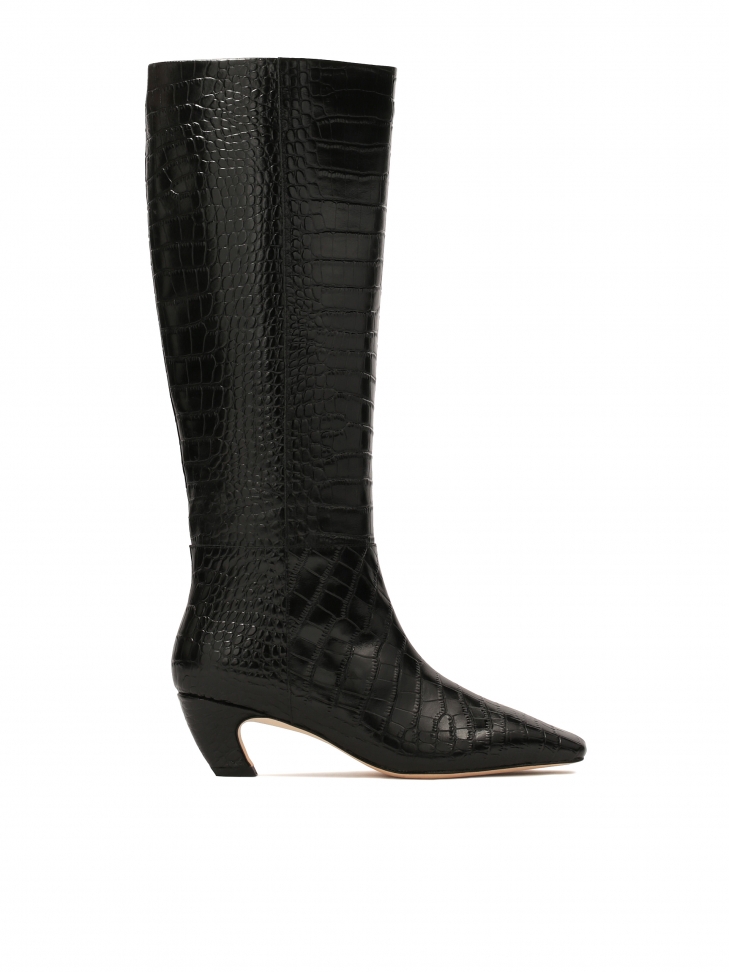 Black boots with animal motif on kitten heels