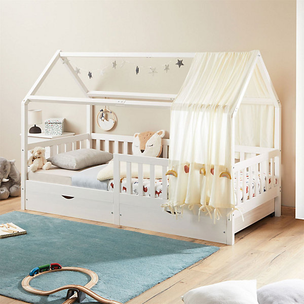Lit cabane NUNA avec tiroirs, 90 x 200 cm en pin massif lasuré blanc