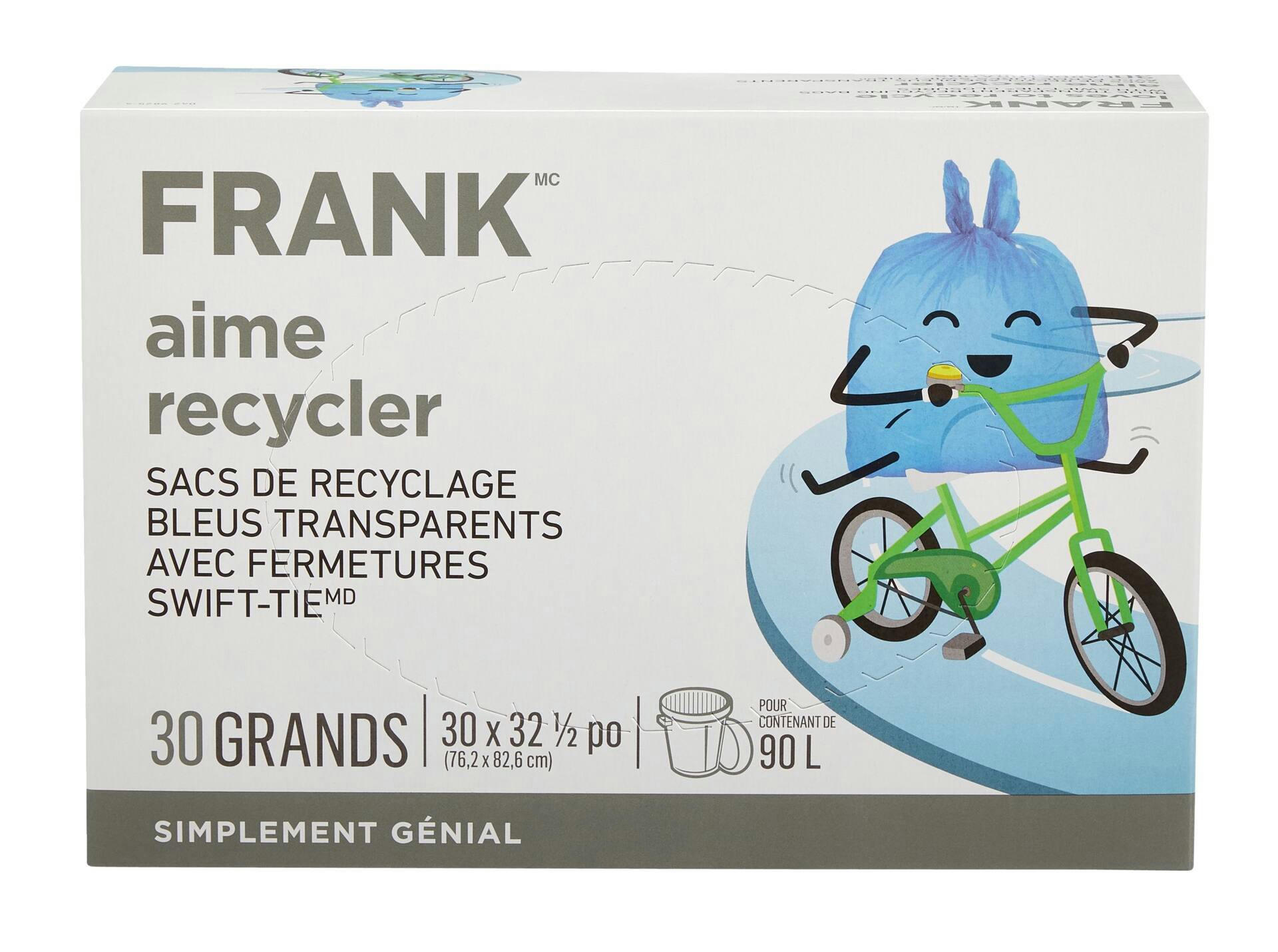 FRANK Large Swift-Tie Recycling Bags, Blue Transparent, 30-pk, 90-L
