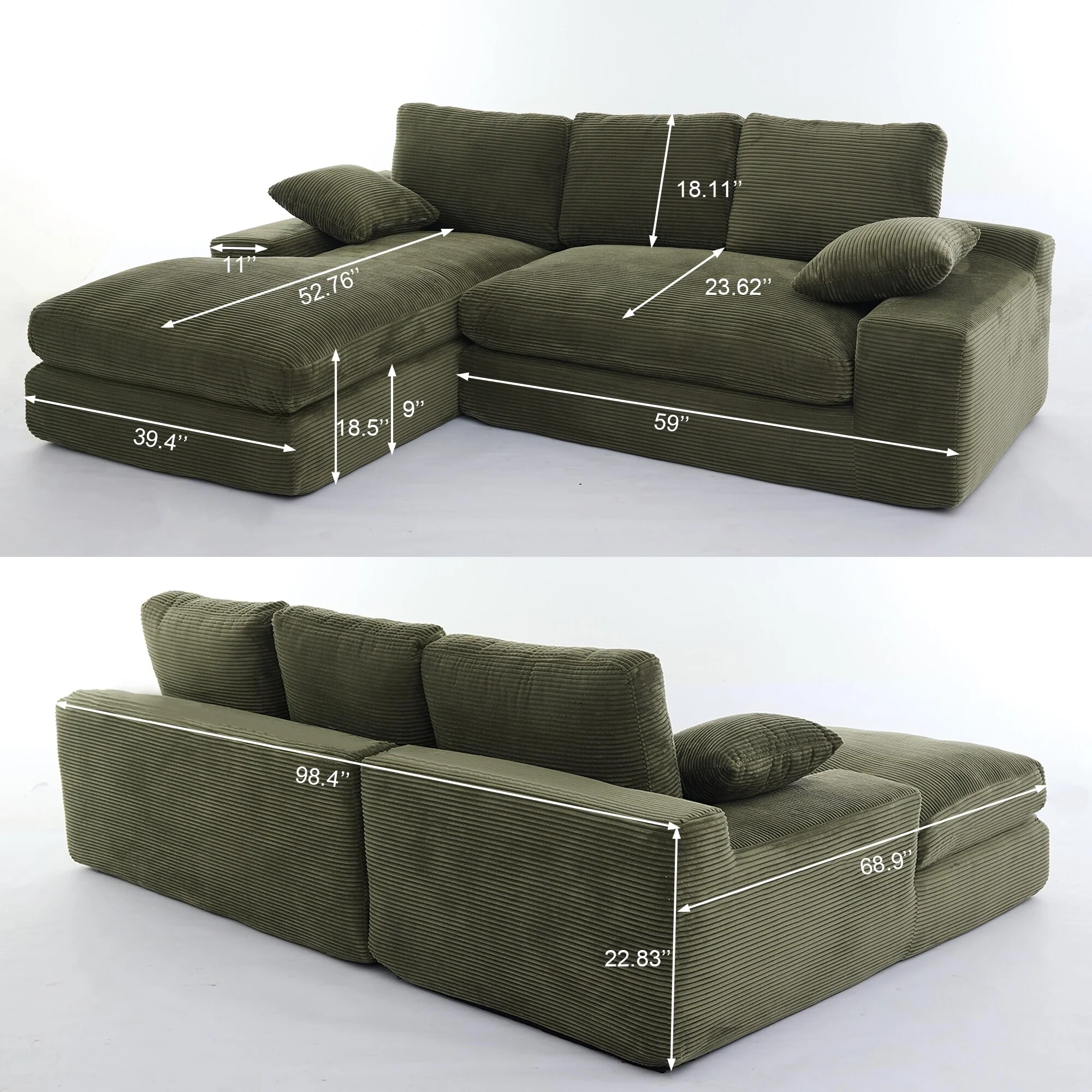 Green 98.4'' L-Shaped 4-Seat Modular Sectional Sofa with Chaise, Modern Design, and Comfortable High-Resilience Foam Cushions