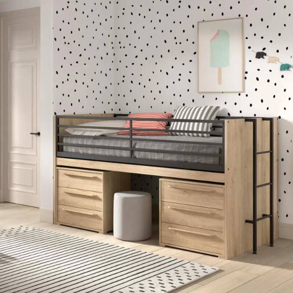 Halfhoogslaper Sammie 90x200cm - met bureau en ladekasten - eikdecor