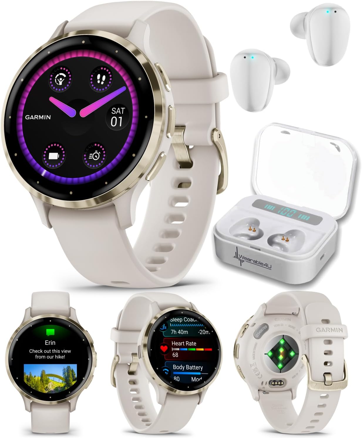 Wearable4U - Garmin Venu 3S GPS Smartwatch  AMOLED Display 41 mm Watch  Advanced Health and Fitness Features  Up to 10 Days of Battery  Sleep Coach  Ivory Case with White Earbuds Bundle