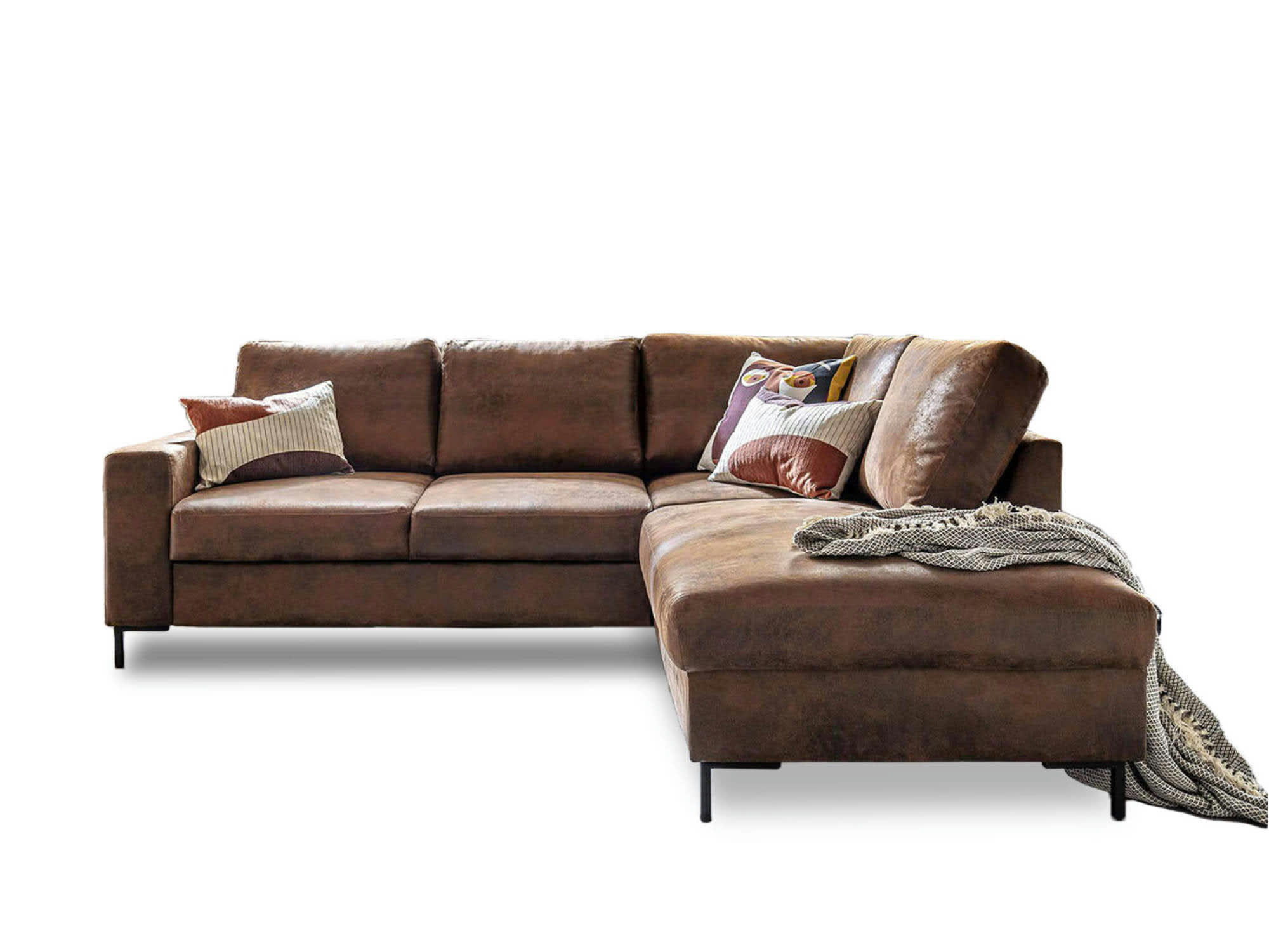 LILLY - Canapé d'angle droit convertible 5 places en microfibre marron