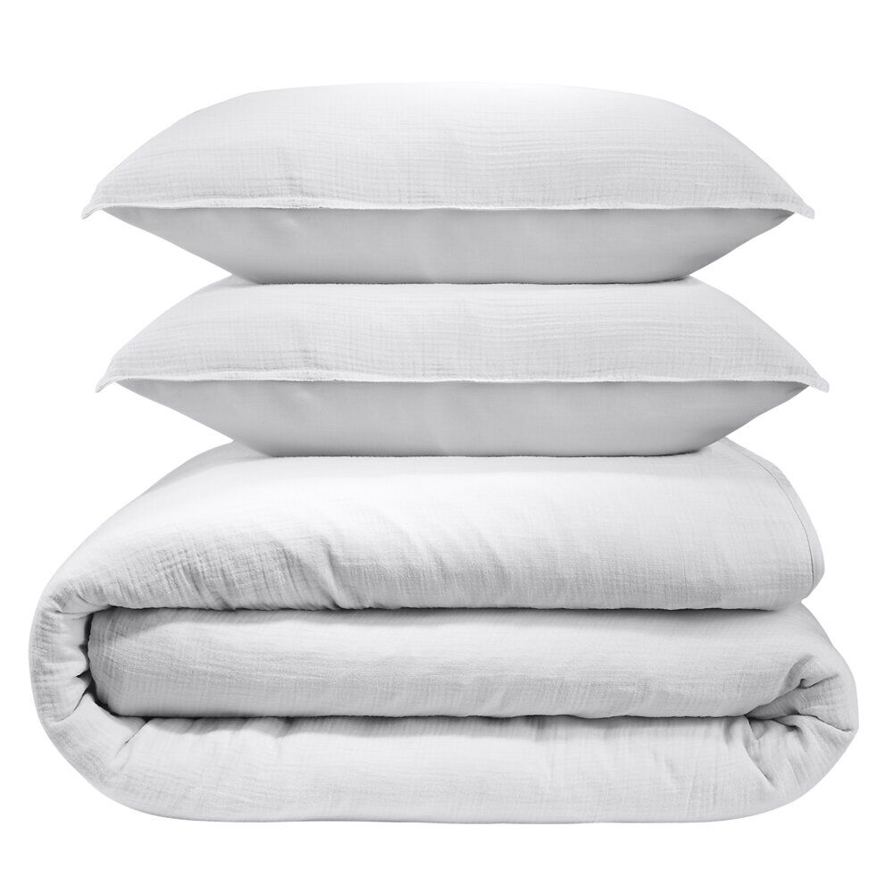 Parure de lit 2 personnes 240x260cm 2 taies 63x63cm gaze coton gris clair