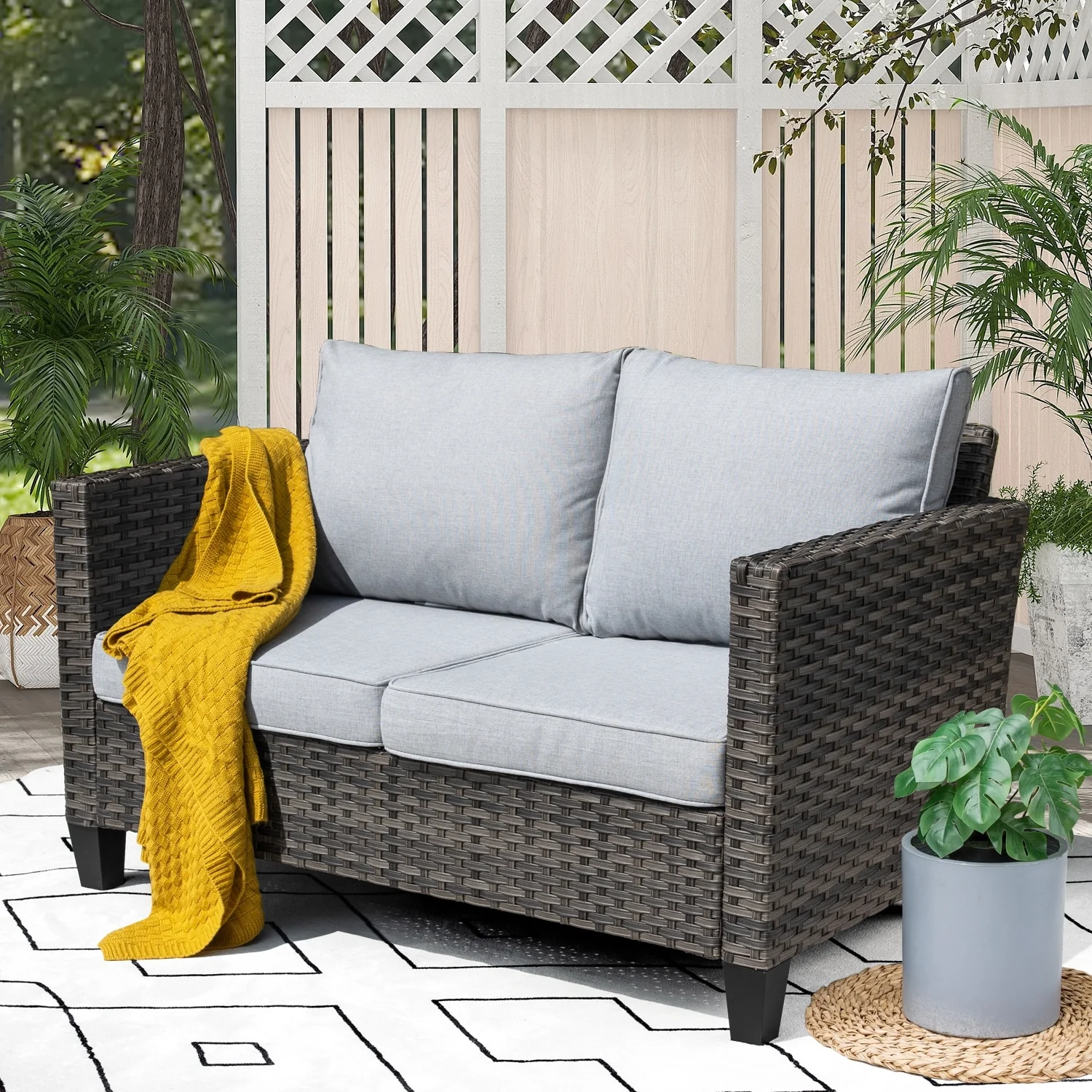 OVIOS Patio Outdoor Grey Wicker Loveseat