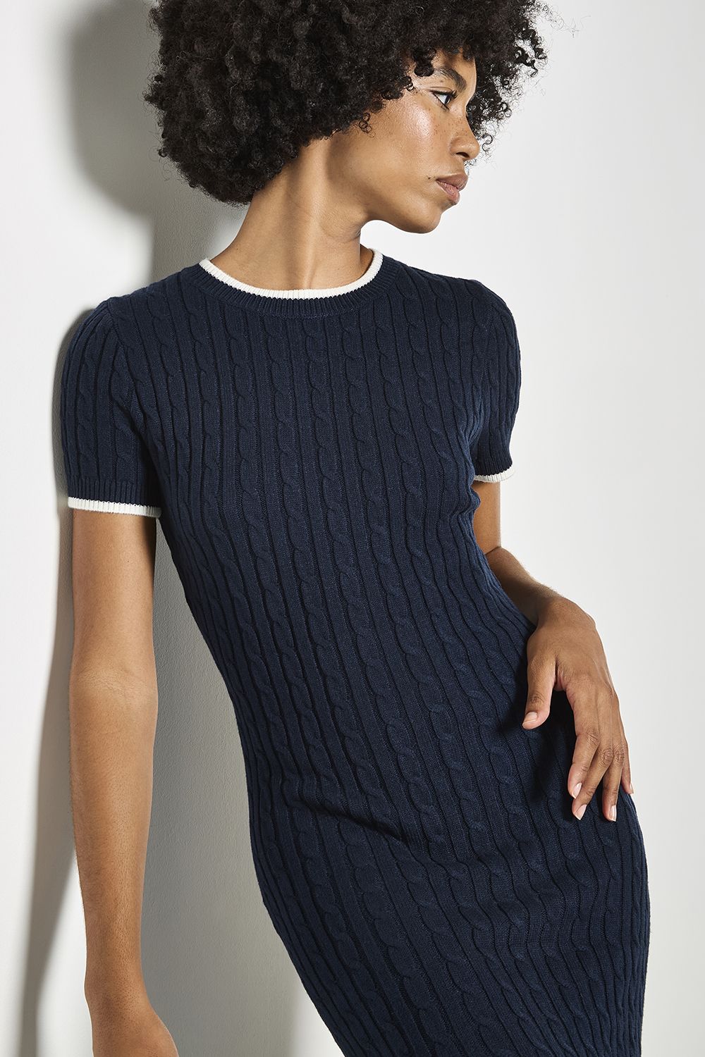 Apricot Cable Knit Contrast Trim Midi Dress