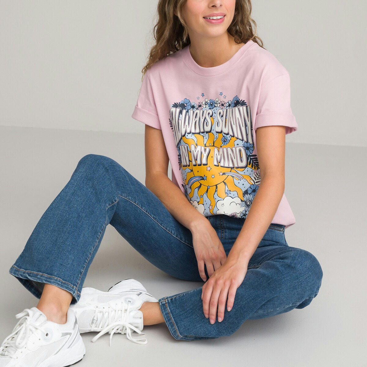 T-shirt col rond à message et motif esprit 70's