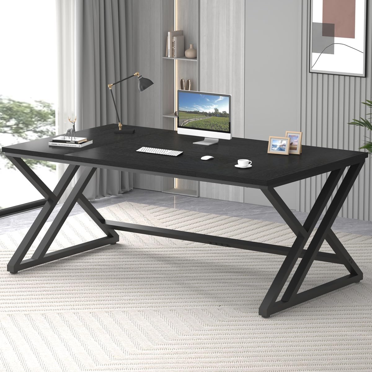LVB 70.8 Black Computer Desk, Large Industrial Pc Study Home Office Desk, Long Modern Wood Gaming Work Writing Desk for 2 Person, Farmhouse Double Workstation Executive Desk with Storage in Bedroom