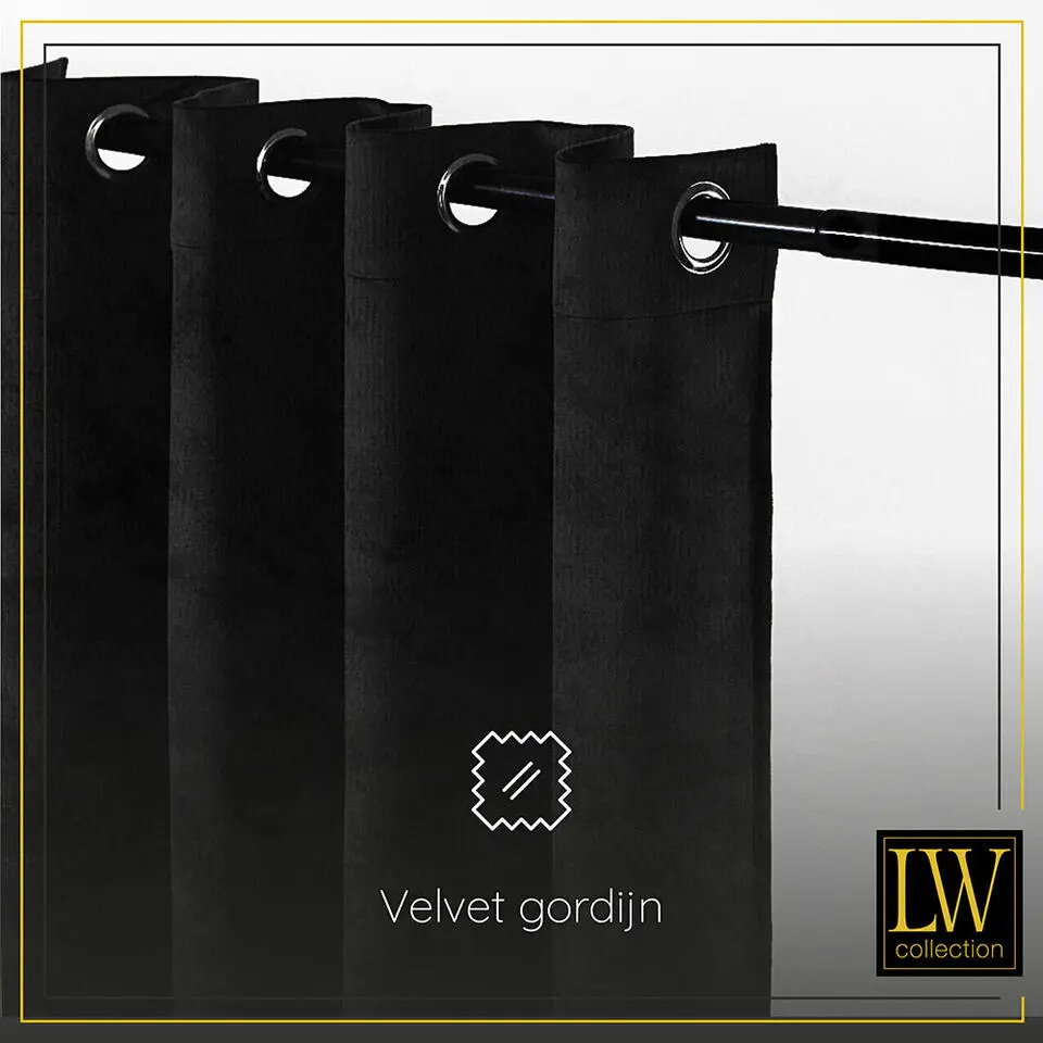 LW Collection Gordijnen Zwart 245x290cm Velvet Kant en klaar 1 stuk