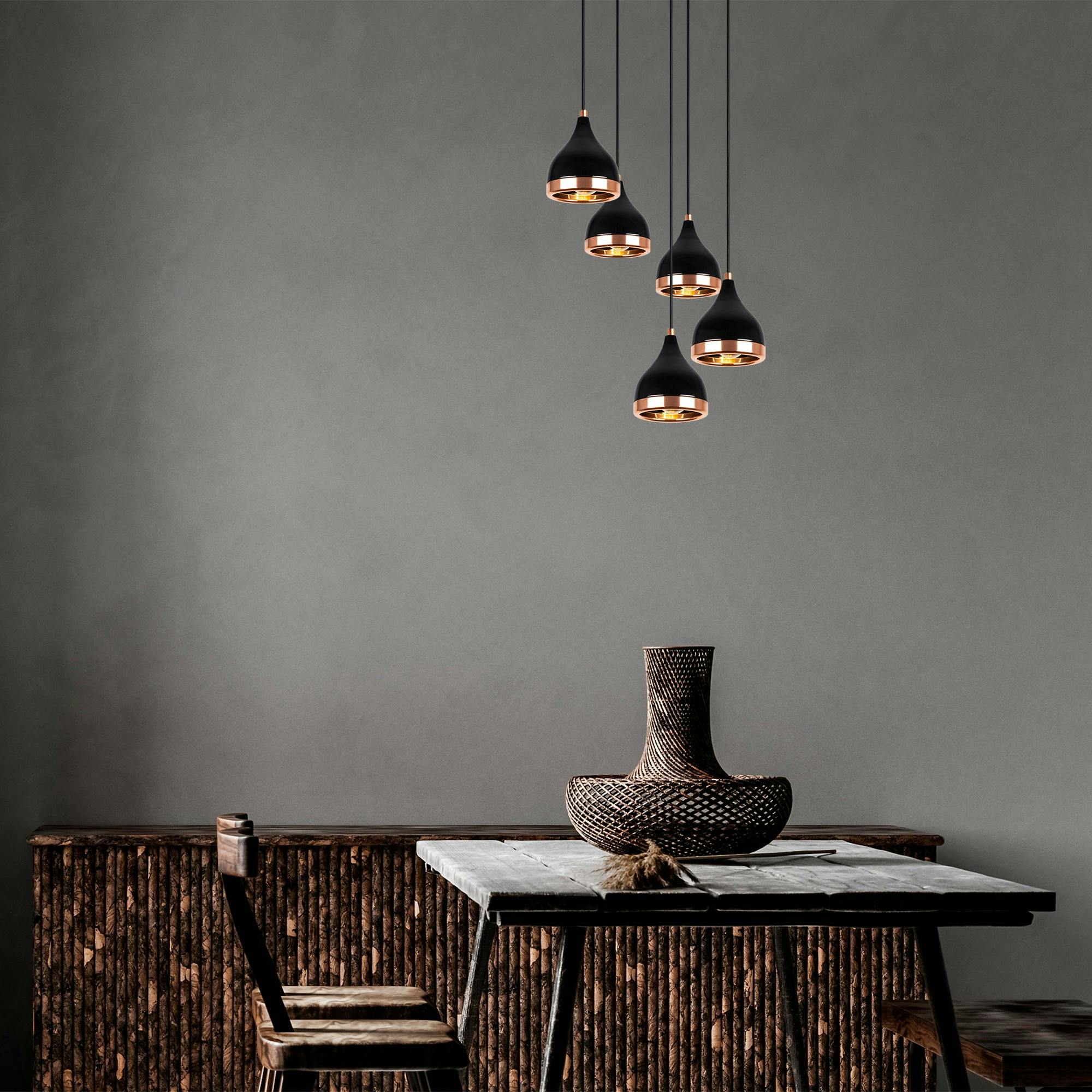 Suspension grappe moderne noire & cuivre, 5 abat-jour SILE