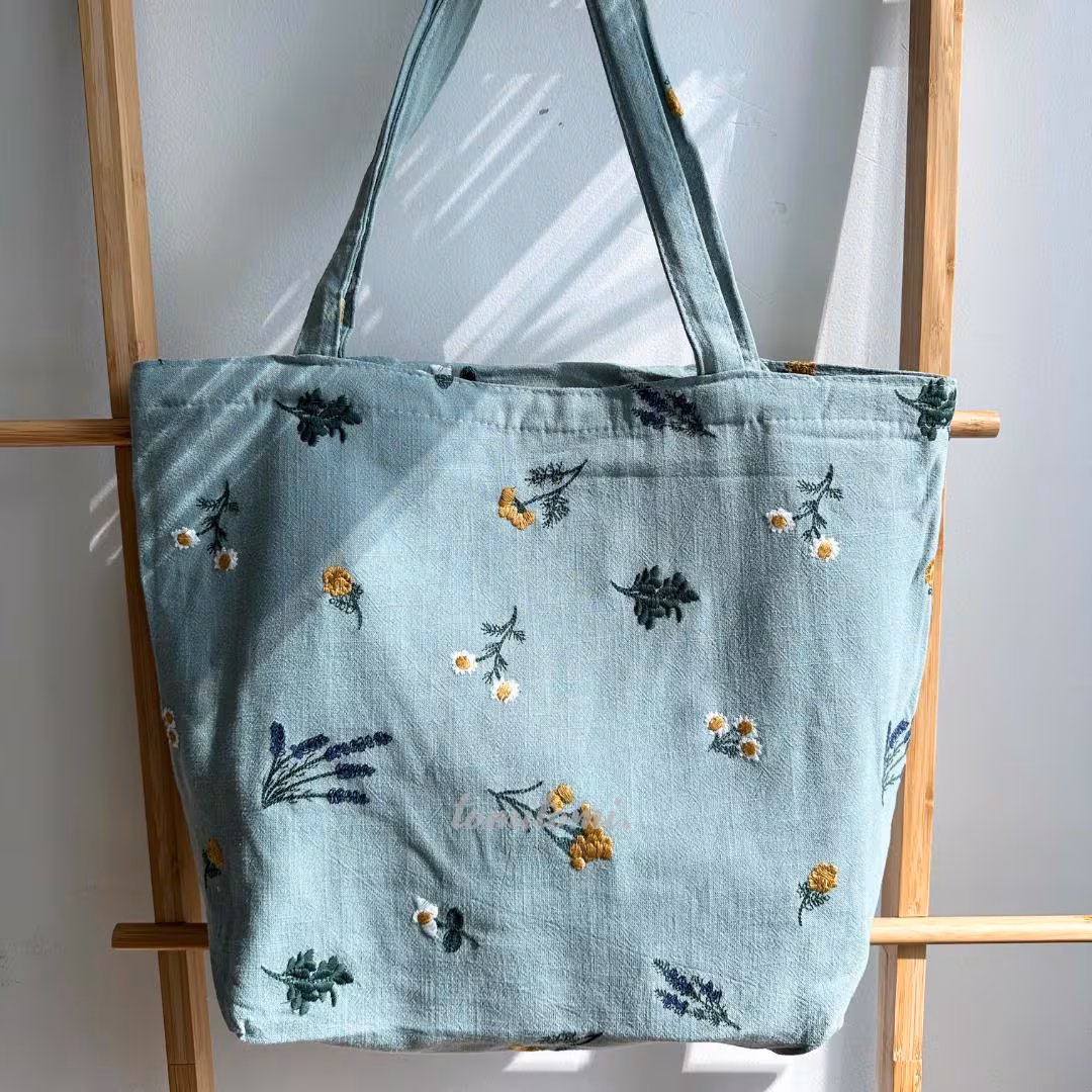 Boho Embroidered Floral Tote Bag | Sage Green Linen, Zippered