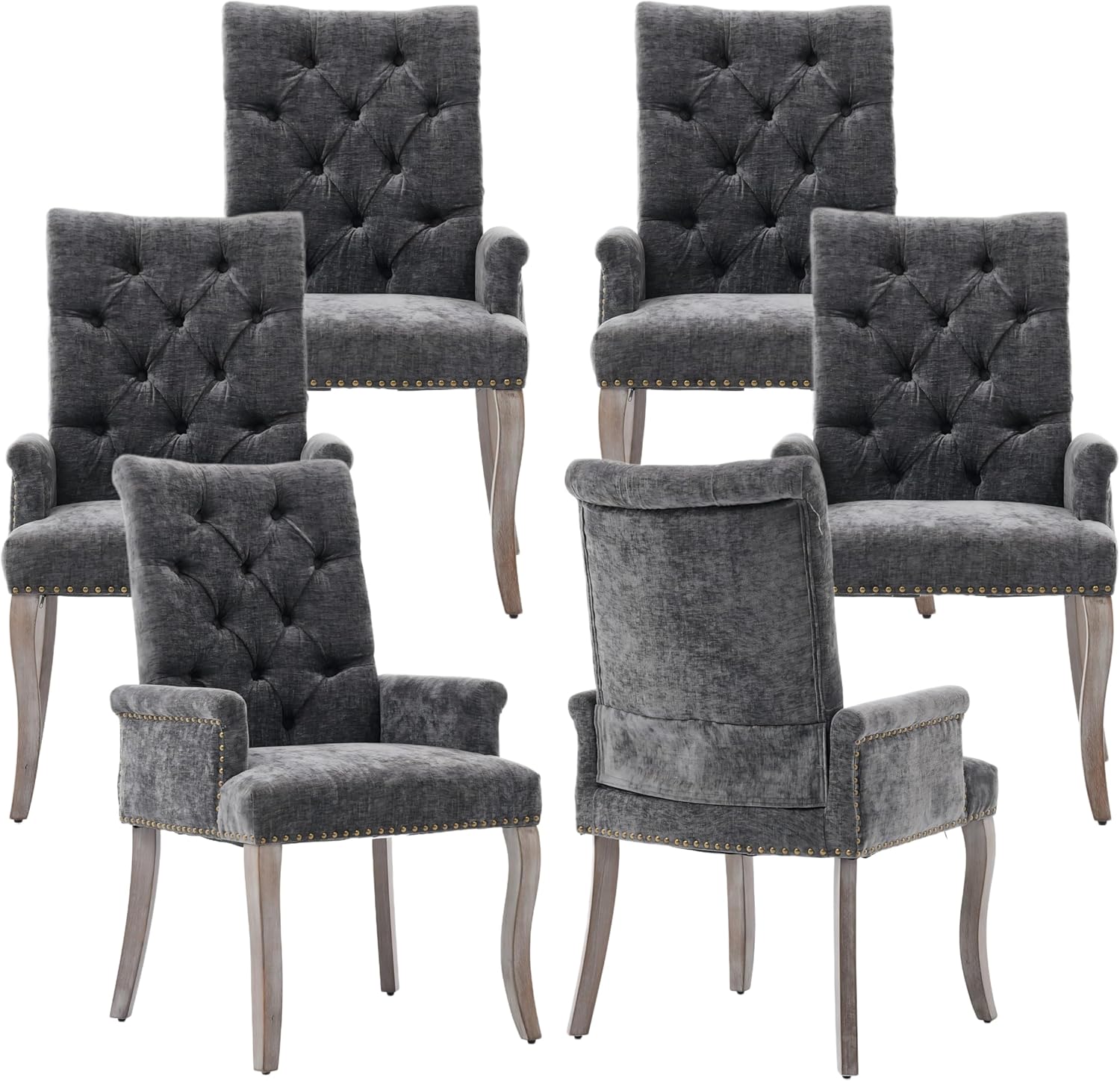 Upholstered Tufted Chenille Dining Chairs with Arms & Nailhead Trim – Solid Wood Frame & Legs, Modern Farmhouse for Dining, Kitchen & Living Room (Set of 6, Gray)