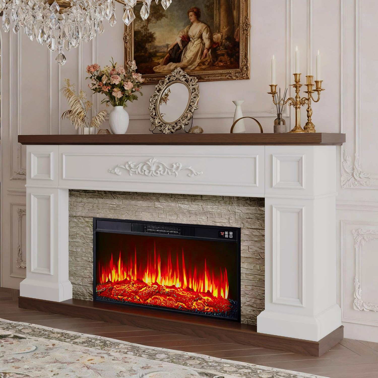 BLANKSPACE 60 Landscape Electric Fireplace with Mantel, Solid Wood Modern Entertainment Center TV Stand, Replaceable 30 Fireplace Insert Heater, for Living Room, Bedroom