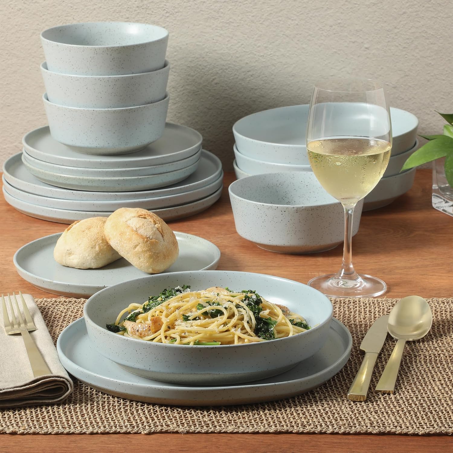 Gibson Elite Overbrook 16-Piece Pottery Clay Stoneware Dinnerware Set – Light Blue Reactive Glaze, Stackable Plates and Bowls w/Pasta Bowl, Service for 4 – Microwave & Dishwasher Safe