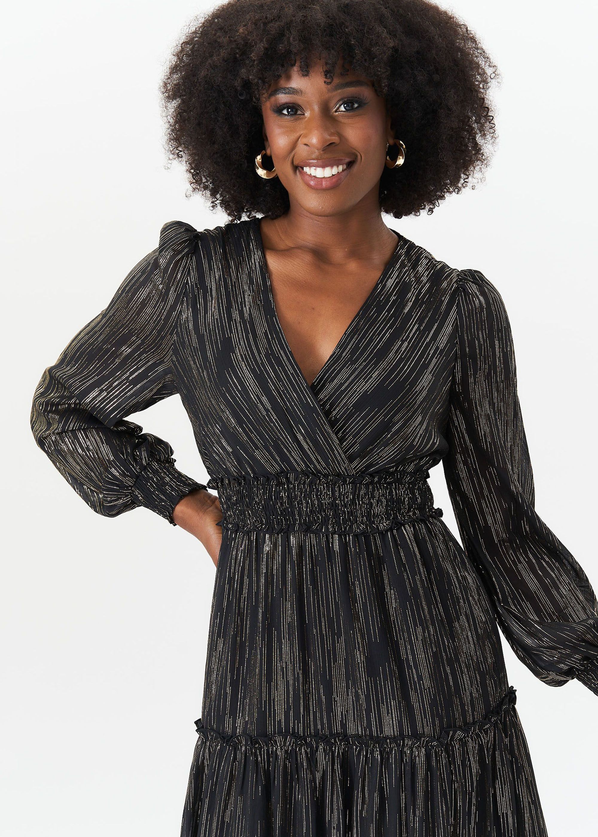Gini London Black Sparkle Chiffon Occassion Tiered Maxi Dress