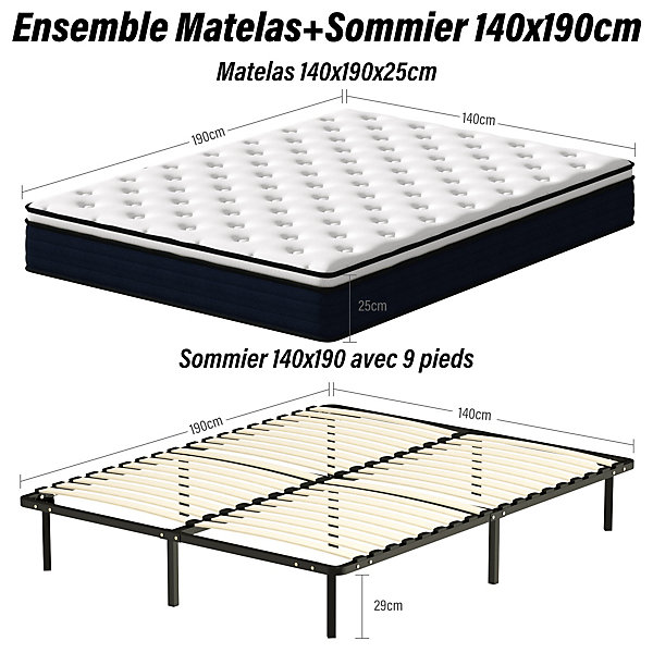 Ensemble 140x190cm Matelas à ressorts  Sommier à Lattes sur Pieds, Epaisseur du Matelas 25cm