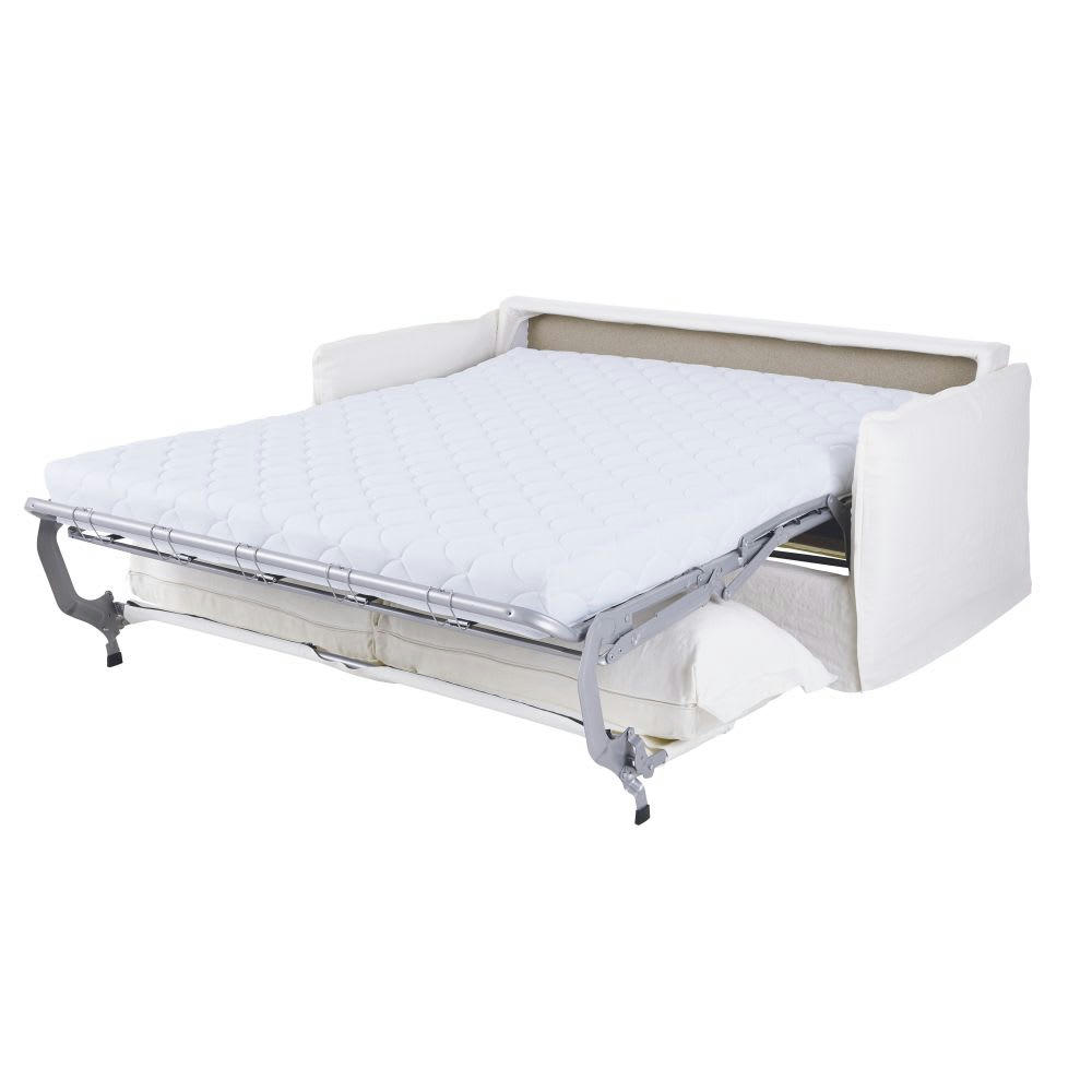 Barcelone - Canapé convertible 3/4 places en lin supérieur blanc, matelas 14 cm
