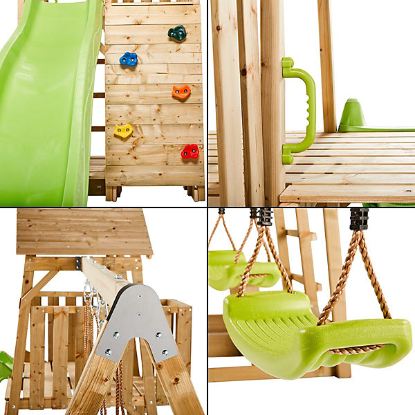 Aire de jeux bois, 2 balançoires, toboggan, escalade, bac à sable, table WOODI