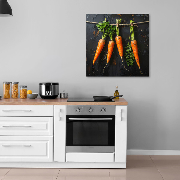 Obraz do kuchni restauracji baru jadalni, Wiszące marchewki warzywa 20x20