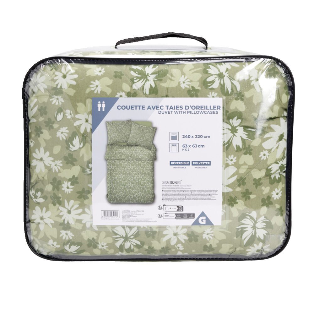 Couette 2 personnes 240x220cm avec 2 taies d'oreiller polyester motif floral vert