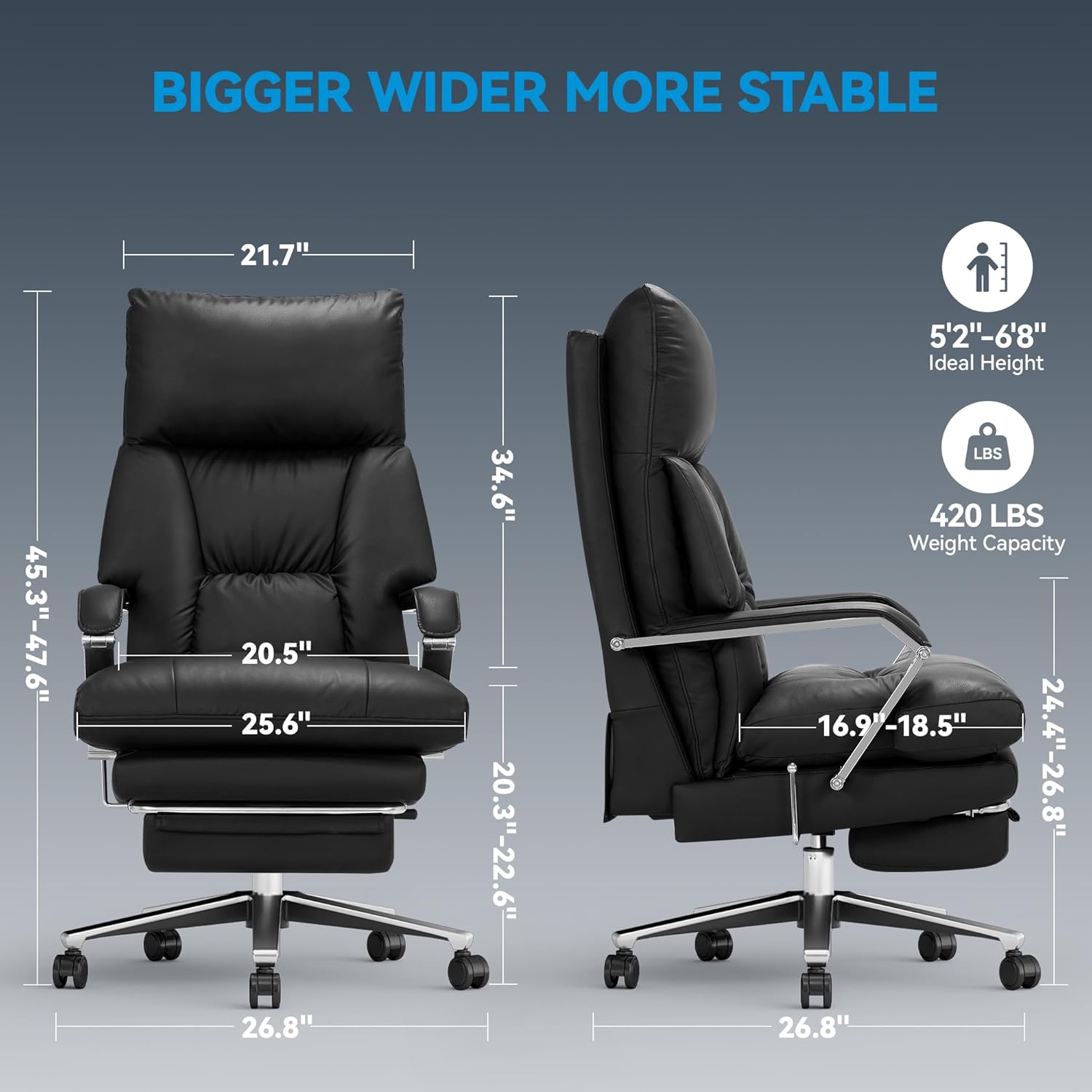 M76 160° Reclining Office Chair with Footrest, 10 Thick Cloud Cushion Executive Desk Chair, Extra Wide Cross-Legged Ergonomic Chair for Big and Tall, Adjustable Seat Depth, Easy Assembly, Black