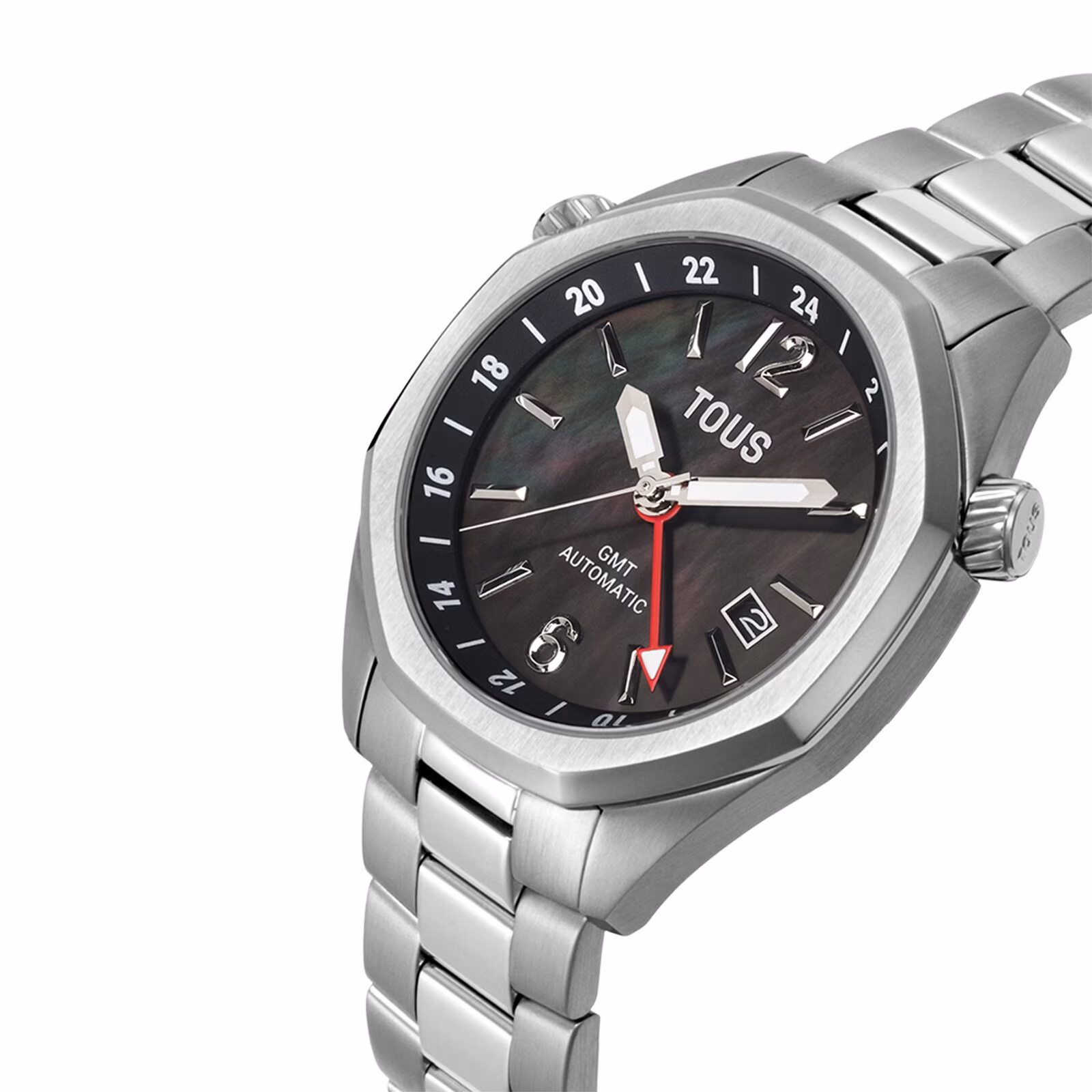 Reloj gmt automático con esfera de nácar gris y brazalete de eslabones de acero Tous Now