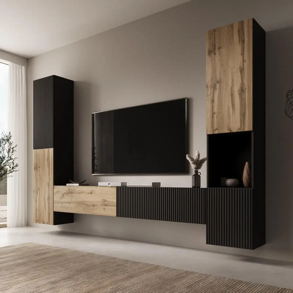 Meubella - Cruzar - Wandmeubel - Zwart/Eiken - 280x30x180 cm