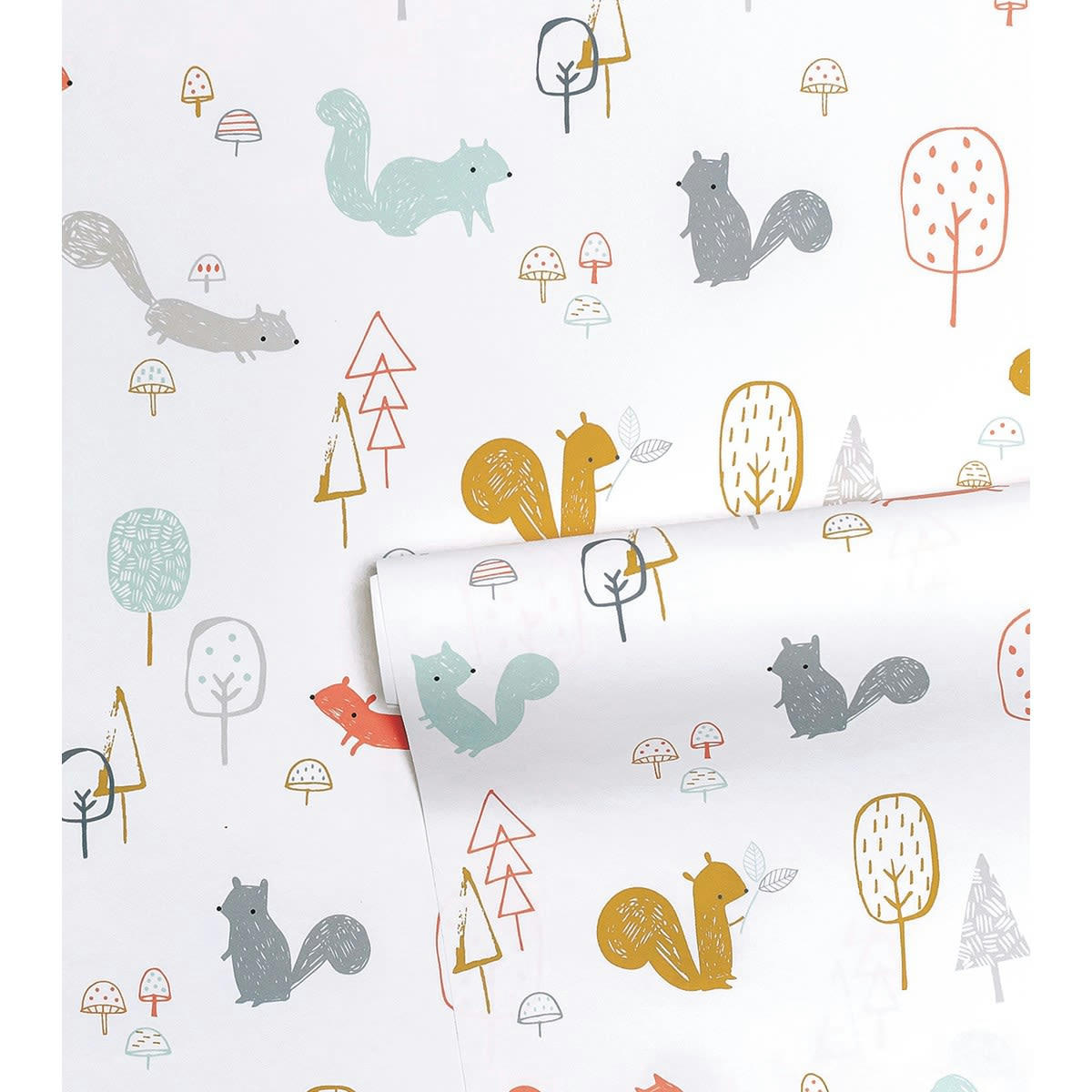 WOODLAND - Papier peint forêt écureuils en Papier Multicolore 50cm x 10m