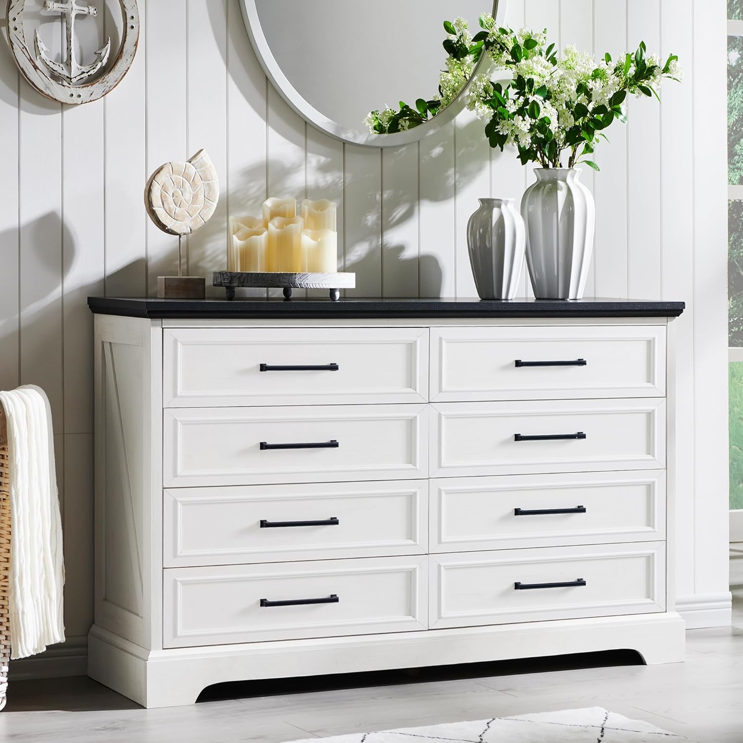 ACCOHOHO Farmhouse 8 Drawers Dresser Chests for Bedroom,52 Wide Wood Rustic Chest of Drawers with Metal Handle,Natural Texture,Drawer Organizer for Bedroom,Living Room,Hallway and Entryway,White