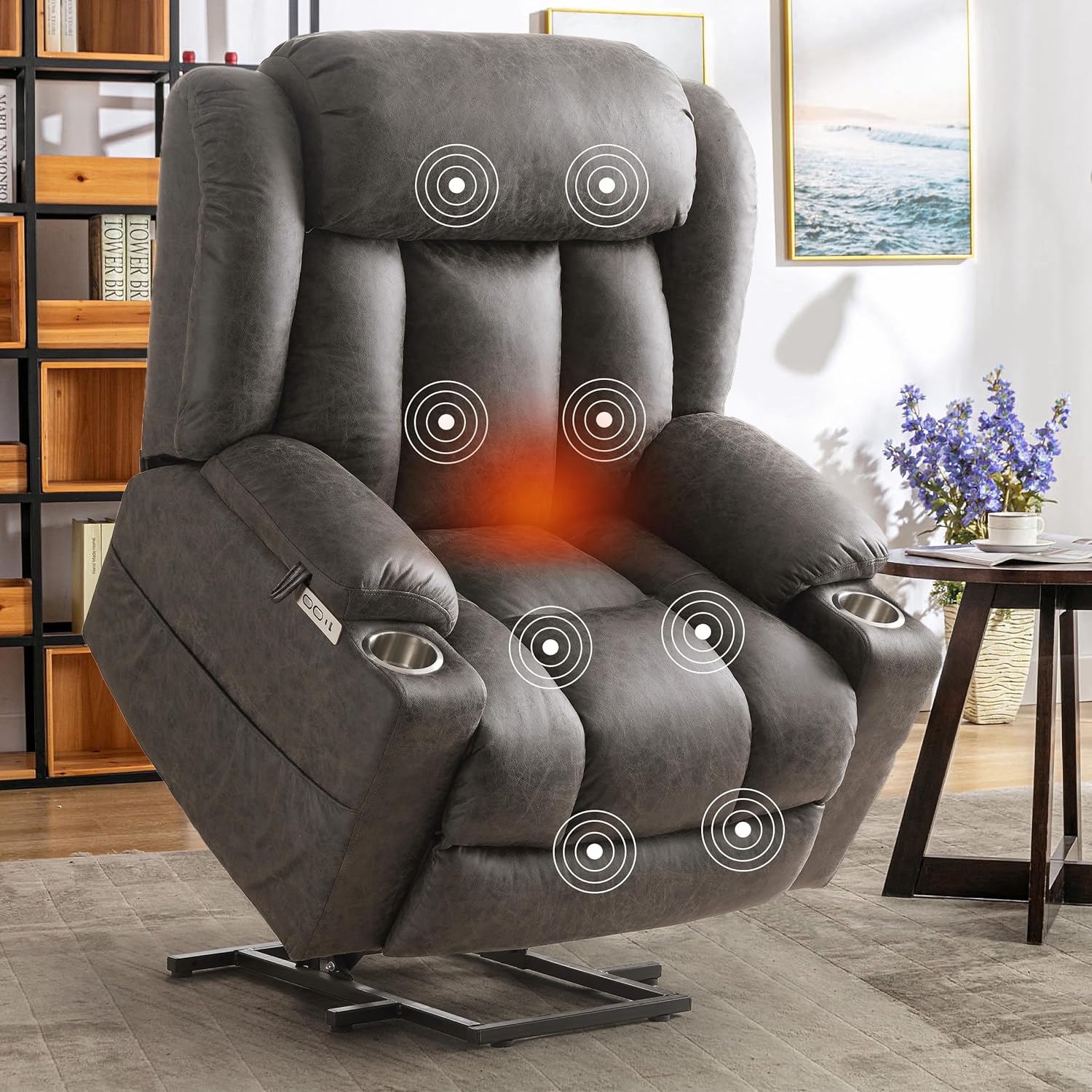 CDCASA Oversized Power Lift Recliner Chair with Massage and Heat for Elderly, Overstuffed Wide Recliners, Breathable Leather Lift Chairs w/Metal Cup Holders, USB & Type-C Ports, Matte Grey