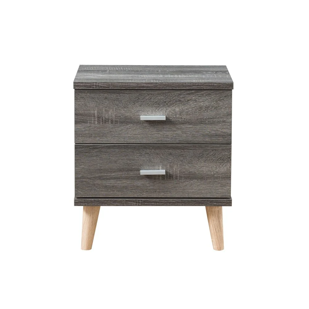 DH BASIC Mid-Century Modern Distressed Grey 2-Drawer Nightstand with Bar Pulls by Denhour