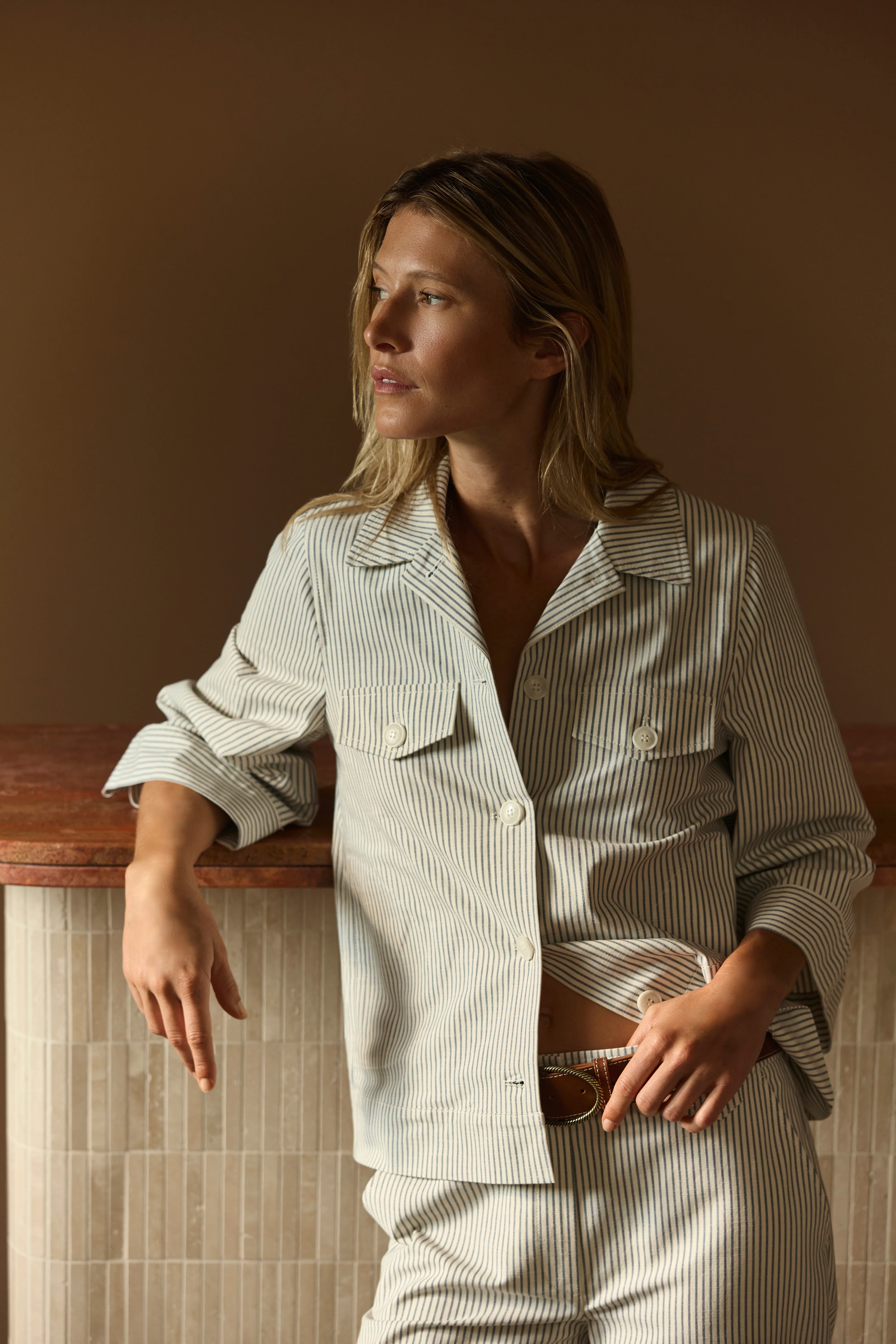 Veste courte à rayures beige et bleu BALIESSE/13219/521