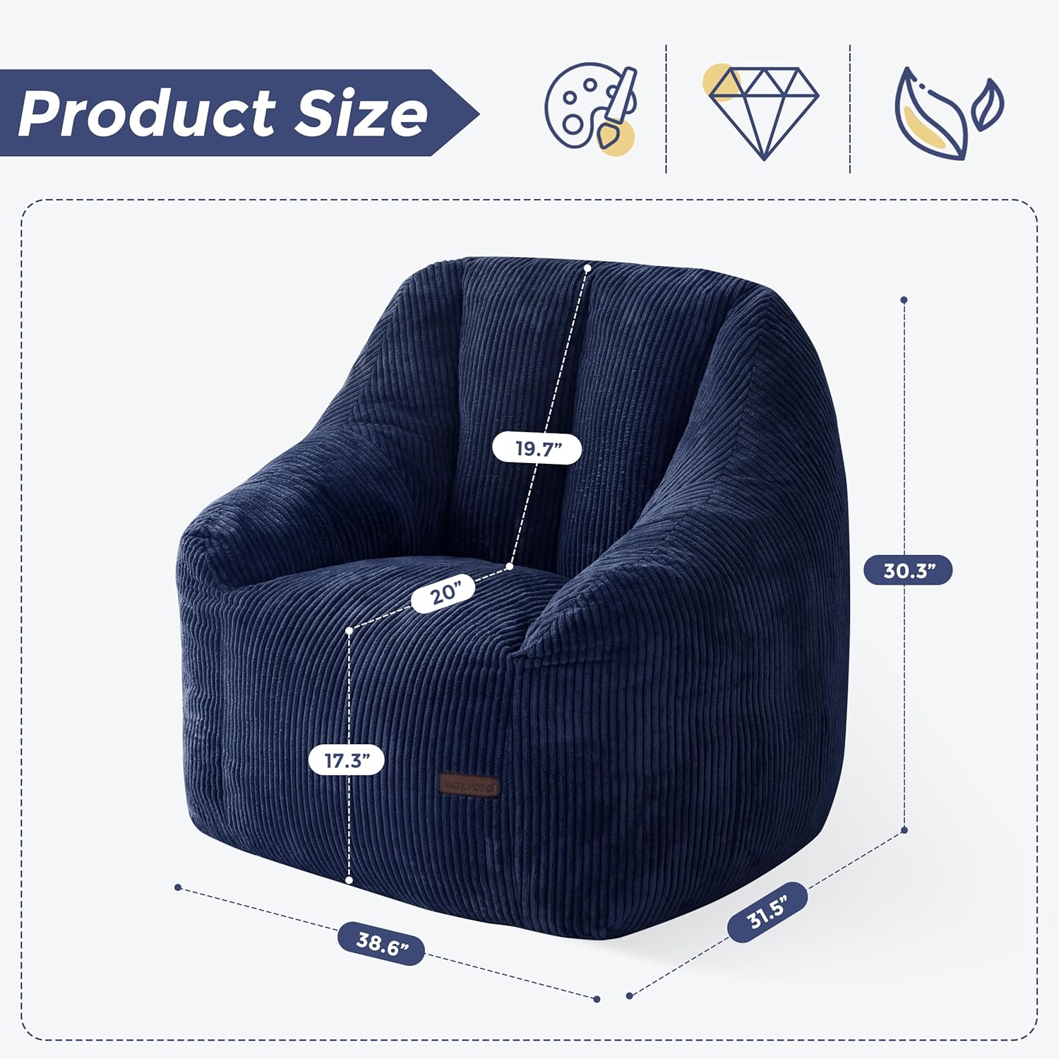 MAXYOYO Bean Bag Chair, Bean Bag Sofa with Filler, Cozy Living Room Chair for Adults and Kids, Stuffed Floor Sofa for Bedroom Dorm Reading, Navy