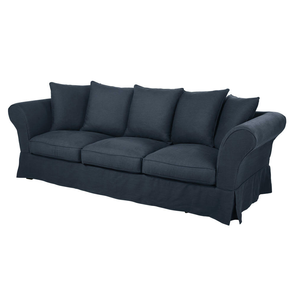 Roma - Housse de canapé 4/5 places en lin froissé bleu nuit