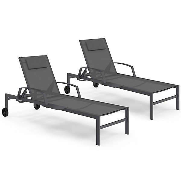 Lot de 2 transats de jardin inclinables JAVA avec tablettes en acier gris et toile grise