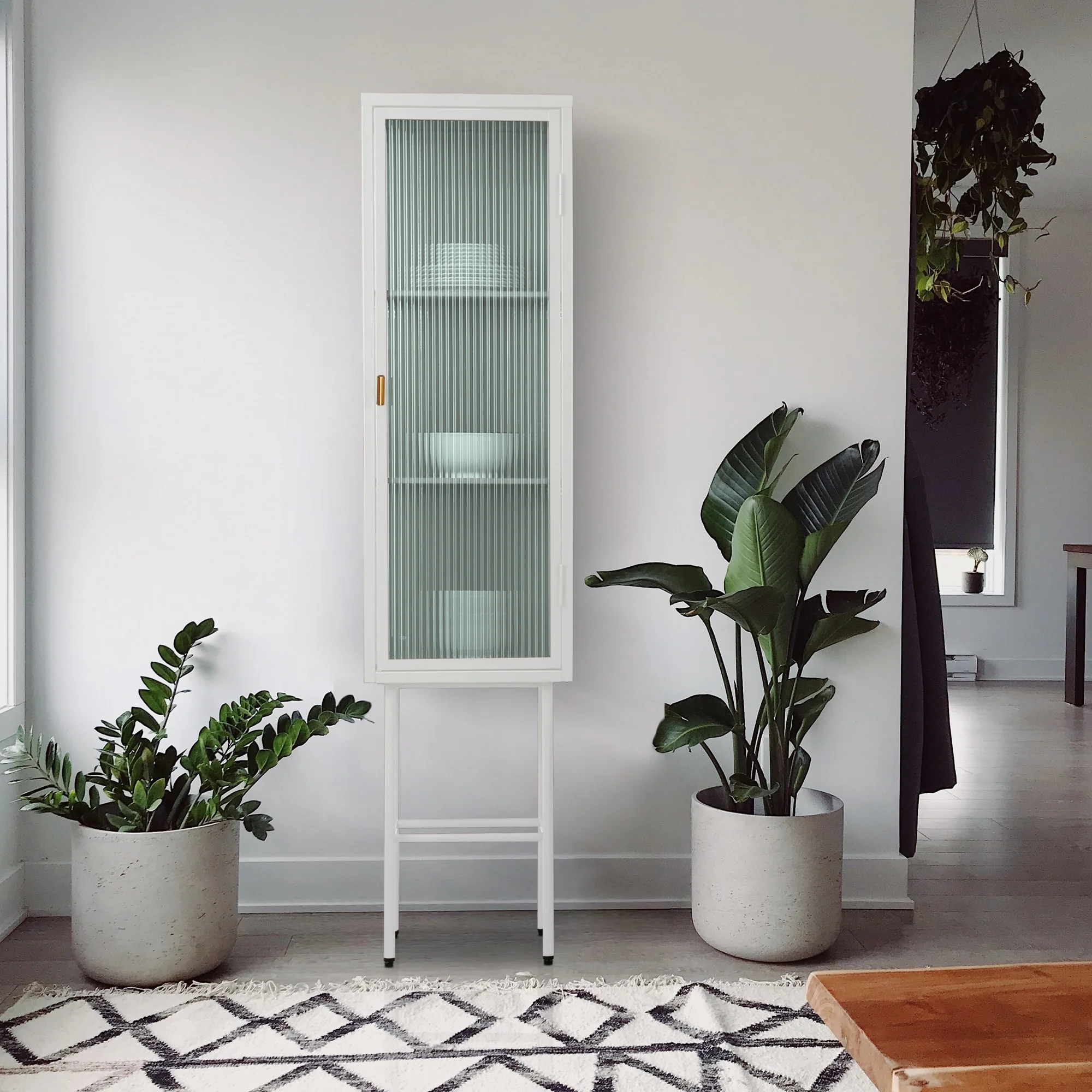 Freestanding Metal Tall Display Cupboard with Glass Door and Three Detachable Shelves