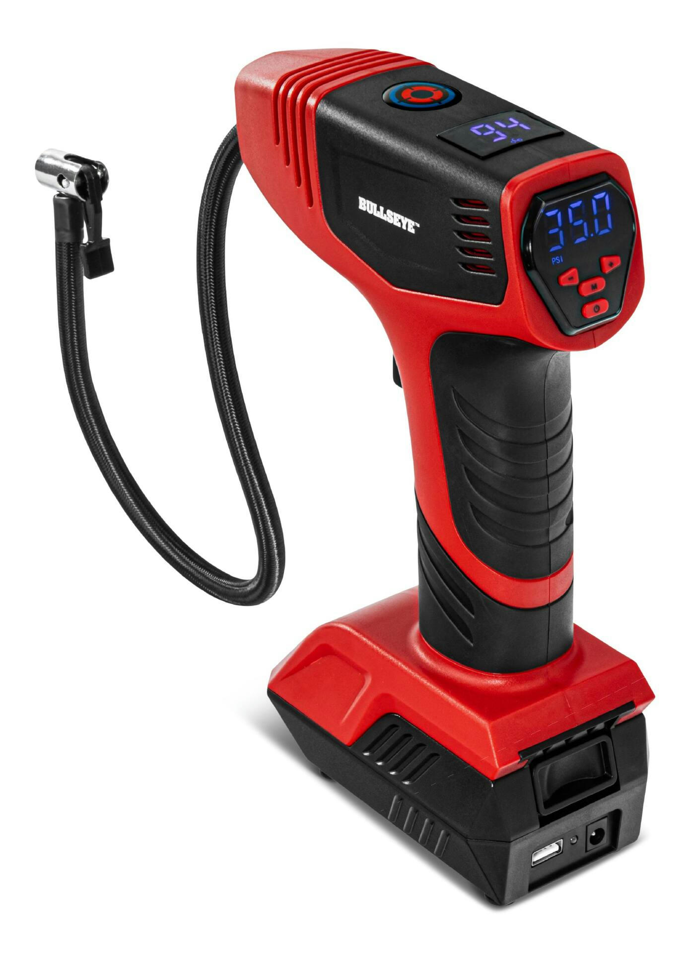 As Seen on TV Bullseye Pro Rechargeable Cordless Tire Inflator, Compact Design, Red