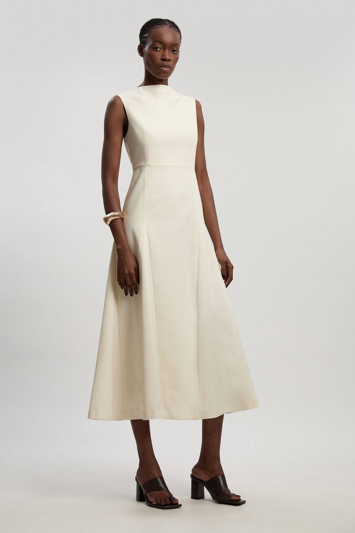 KarenMillen Tailored Satin Godet Full Skirted Midi Dress