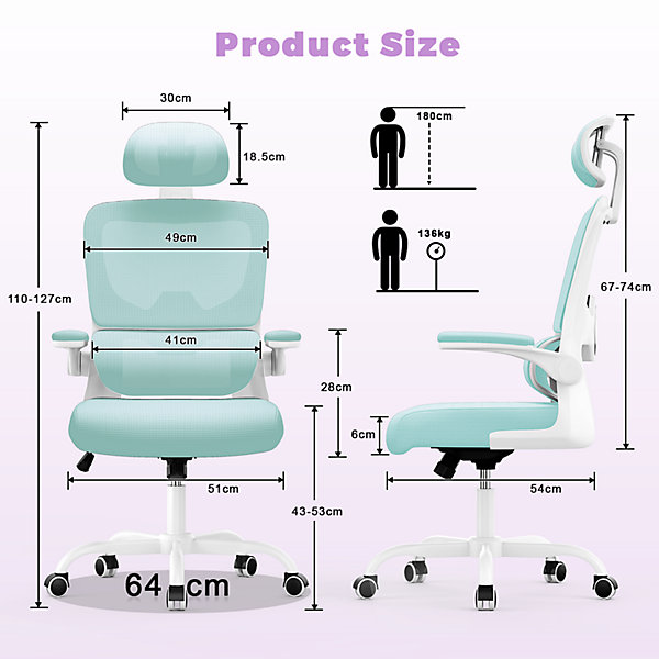 Chaise de Bureau Ergonomique avec Accoudoirs Pliables, Hauteur Réglable, Dossier Respirant