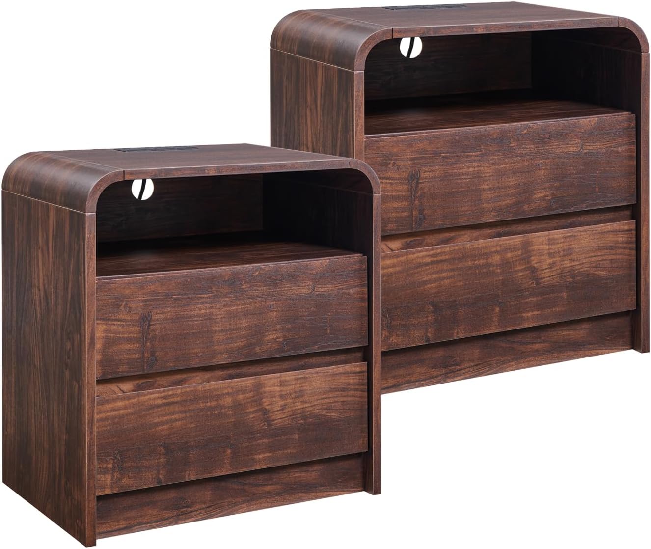 25 Tall Modern Nightstand Set of 2, 23.6'' Wide Wood Bedside Table w/2 Storage Drawers, Charging Station,Mid Century End Table for Bedroom, Living Room, Curved Profile Design, Brown