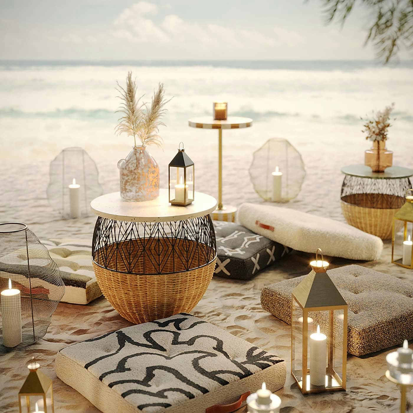 OUTLIGHT - Set de 4 lanternes en acier inoxydable doré et en verre