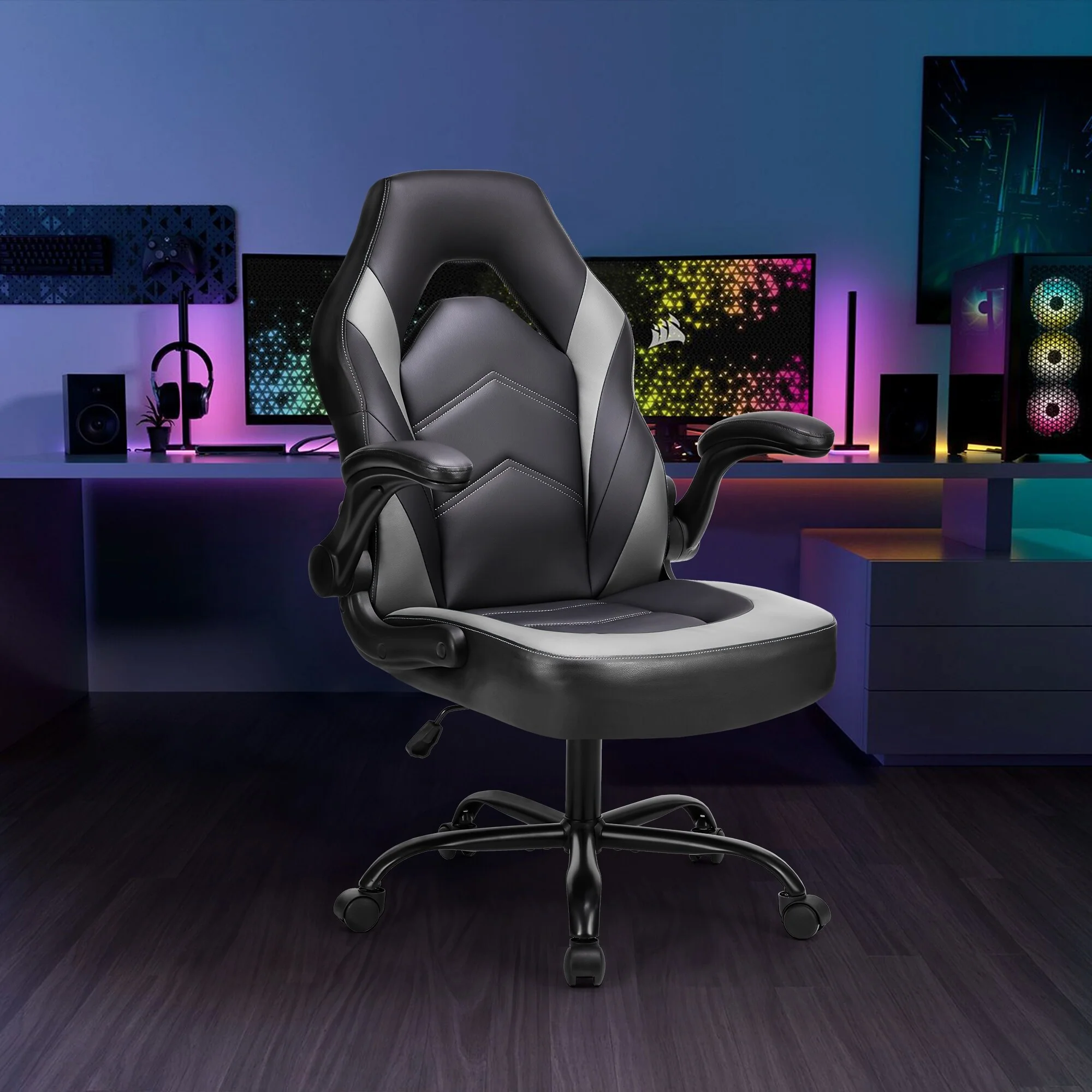 Ergonomic PU Leather Gaming Chair with Flip-Up Armrests & Adjustable Height