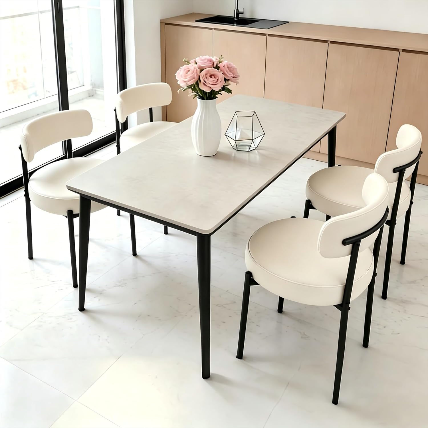 DYHOME Modern Dining Chairs Set of 4, PU Upholstered Dining Room Chairs, Metal Legs Kitchen Chairs, Mid Century Boucle Chair with Ergonomic Curved Backrest, Easy Assembly Cream
